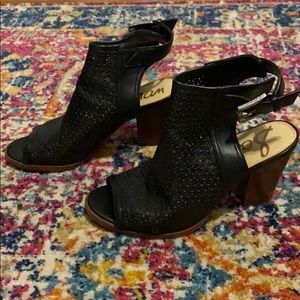 Sam Edelman chunky heel black leather peep toes